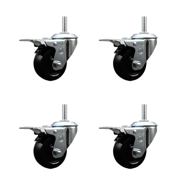 3 Inch Hard Rubber Swivel 58 Inch Threaded Stem Caster Set with Total Lock Brake